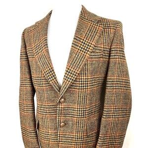 Vintage 60s Harris Tweed Sport Coat Blazer Mens 42R Glen Plaid 2 Button Tan